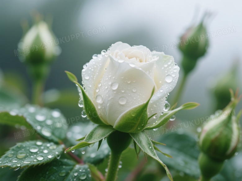 缀满水珠的白玫瑰花苞特写图片