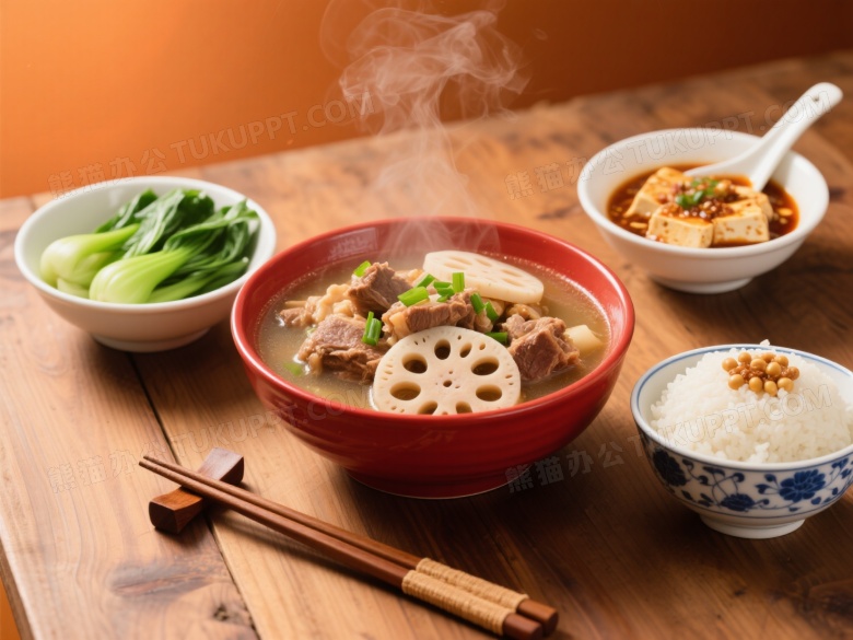 中式家常菜俯拍暖光图片