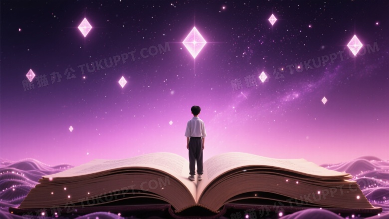 少年立古籍书页星空背景图片