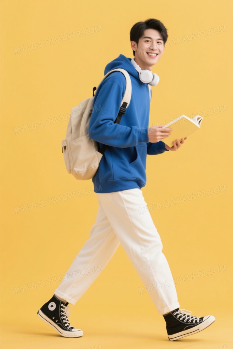 青年男子持书行走微笑图片