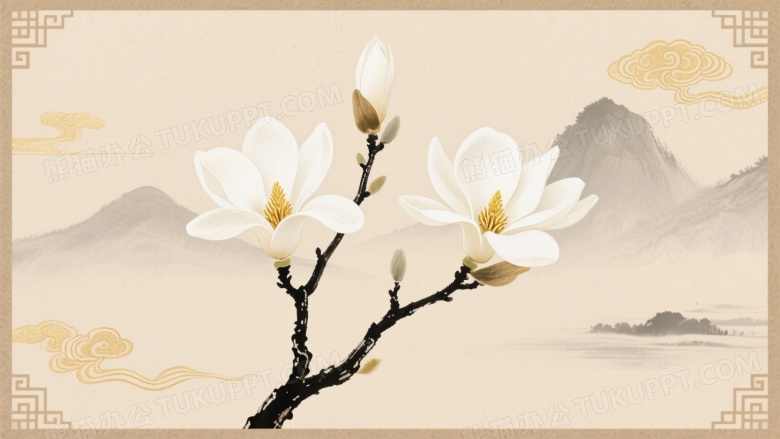 水墨玉兰枝与山峦祥云图片