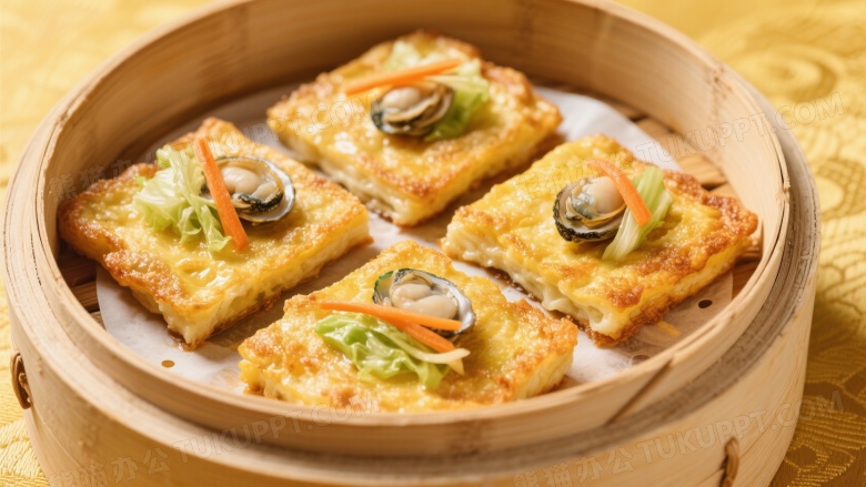 俯拍竹编蒸笼蚵仔煎特写图片