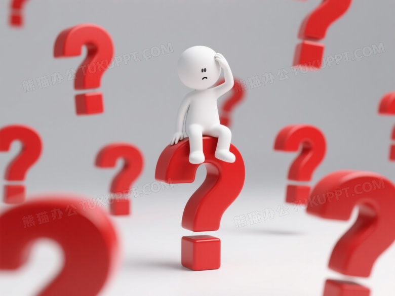 3D小人坐红色问号顶部困惑图片