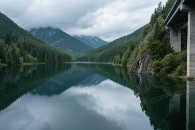 高山湖泊森林倒影阴天图片