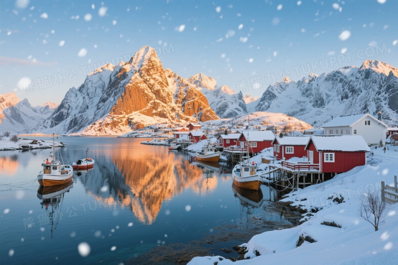雪中罗弗敦渔村全景侧逆光图片
