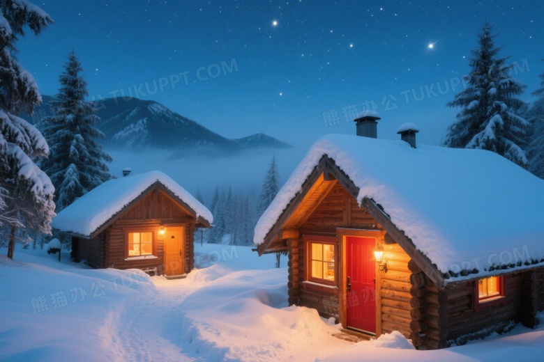 雪夜木屋暖光映照图片