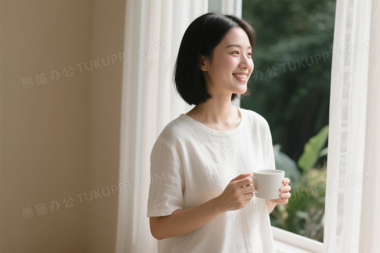 亚洲女性持杯窗边微笑图片