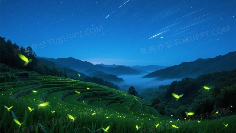 夜景梯田萤火虫飞舞星空图片