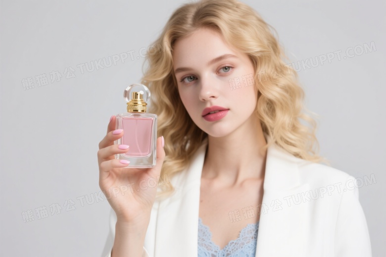 金发女性持香水瓶柔光特写图片