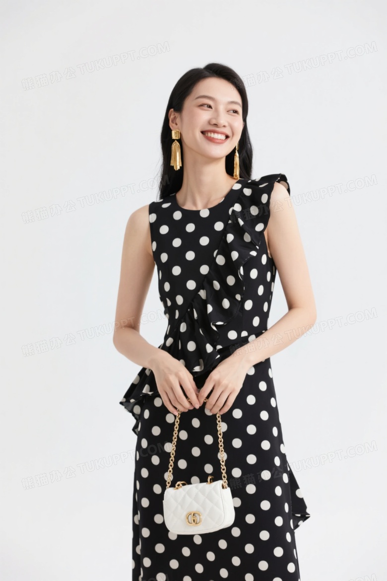 亚洲女性穿波点裙持包微笑图片