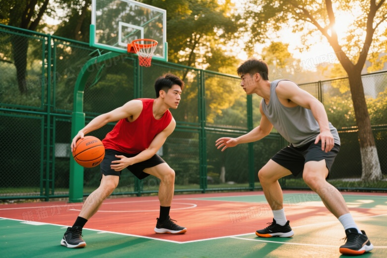 两位男子篮球对抗侧逆光图片