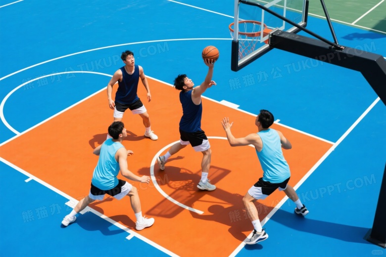 四名男子篮球对抗俯拍图片
