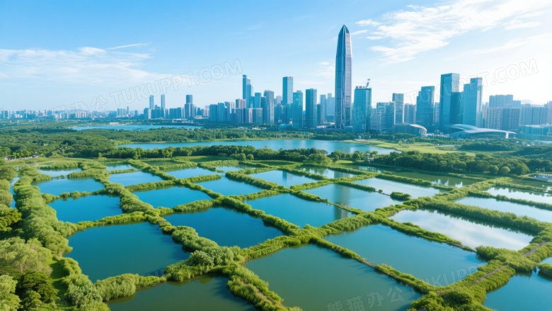 城市湿地鱼塘与天际线俯拍图片