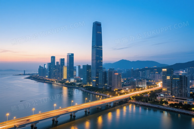 黄昏海滨城市天际线俯瞰图片