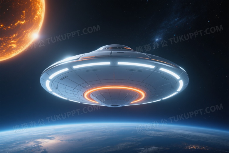 未来飞碟悬浮行星前高清图片
