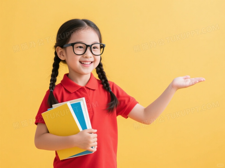 戴眼镜女孩持课本引导姿态图片