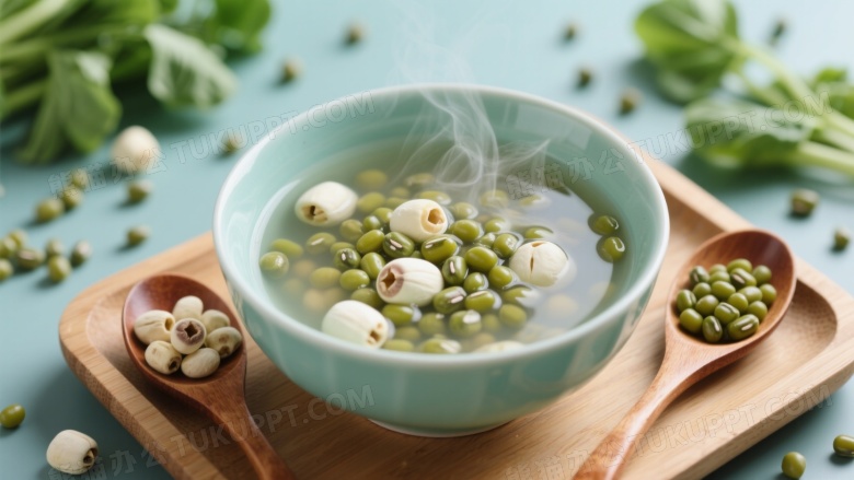 青瓷碗绿豆莲子汤俯拍图片