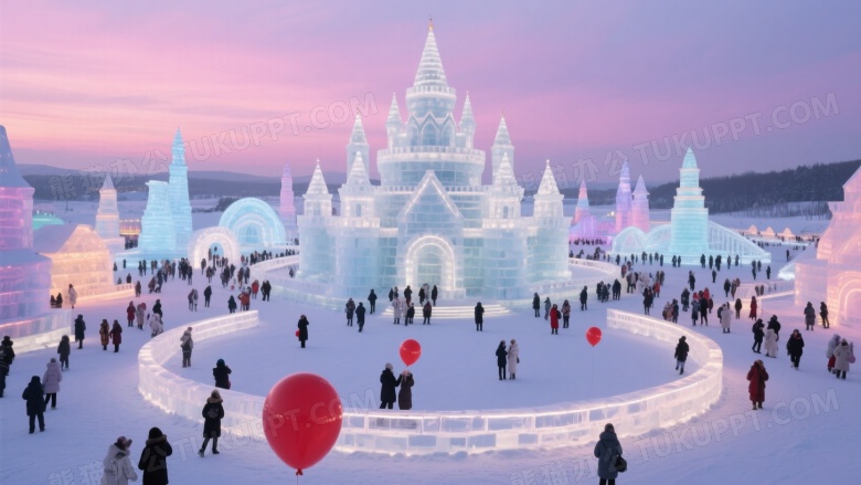 冰雕城堡雪地广场黄昏图片