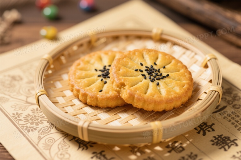 芝麻酥饼竹编托盘俯拍图片