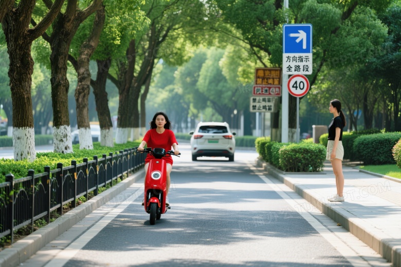 红衣女子骑电动踏板车城市道路图片