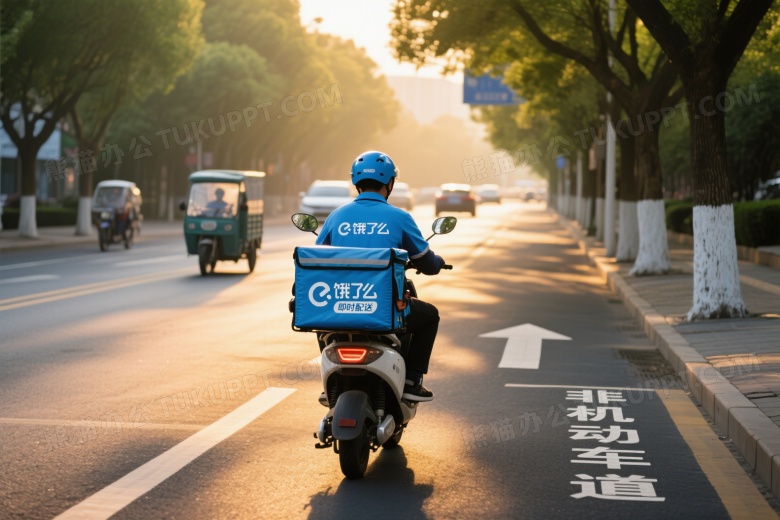 外卖骑手城市道路行驶侧逆光图片