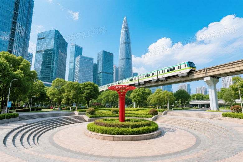 城市公园广场与高楼列车全景图片