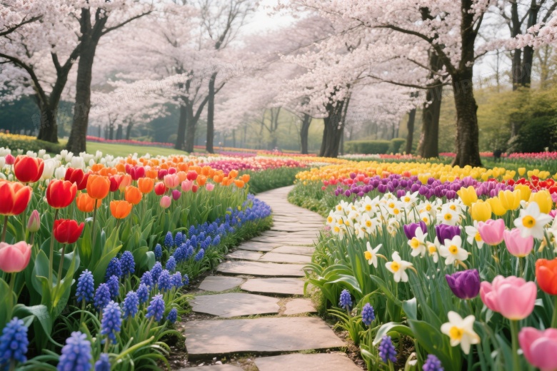 春季花园花卉小径柔光图片