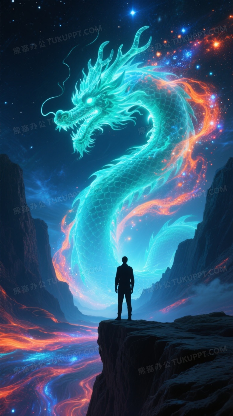 剪影人物立宇宙峡谷光龙环绕图片