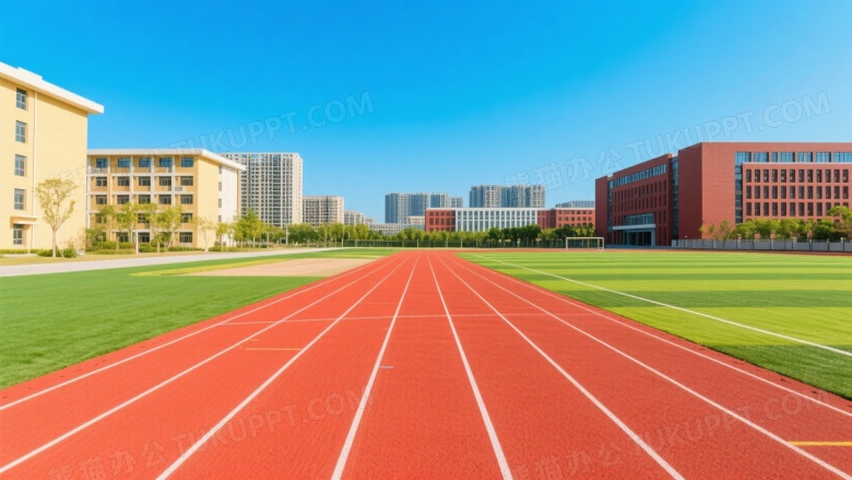 红色塑胶跑道延伸城市背景图片