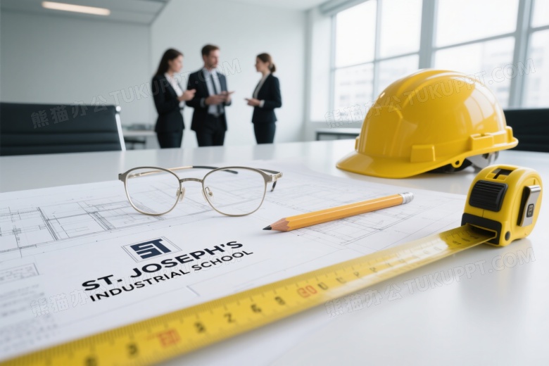 俯拍办公桌建筑图纸与工具图片