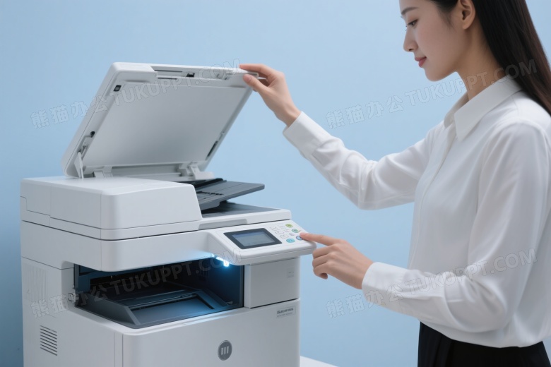 女性操作办公打印机特写图片