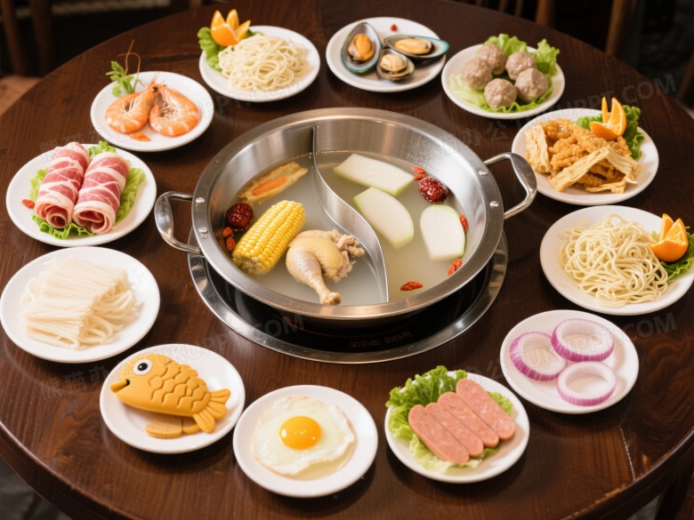 鸳鸯火锅俯拍食材丰富图片
