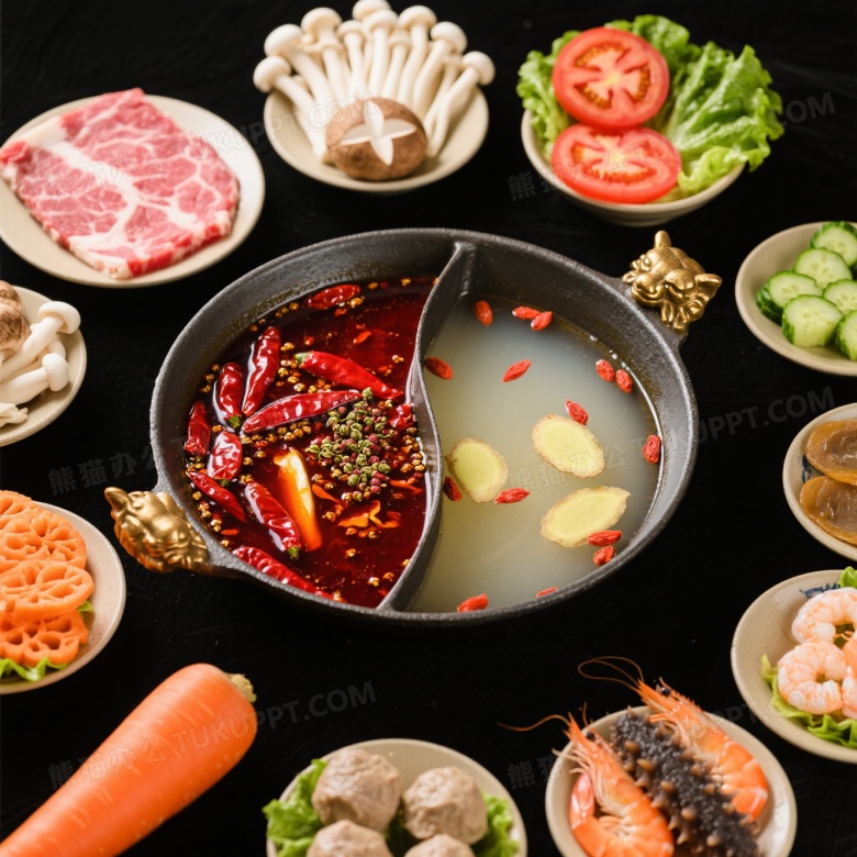 鸳鸯火锅俯拍美食图片