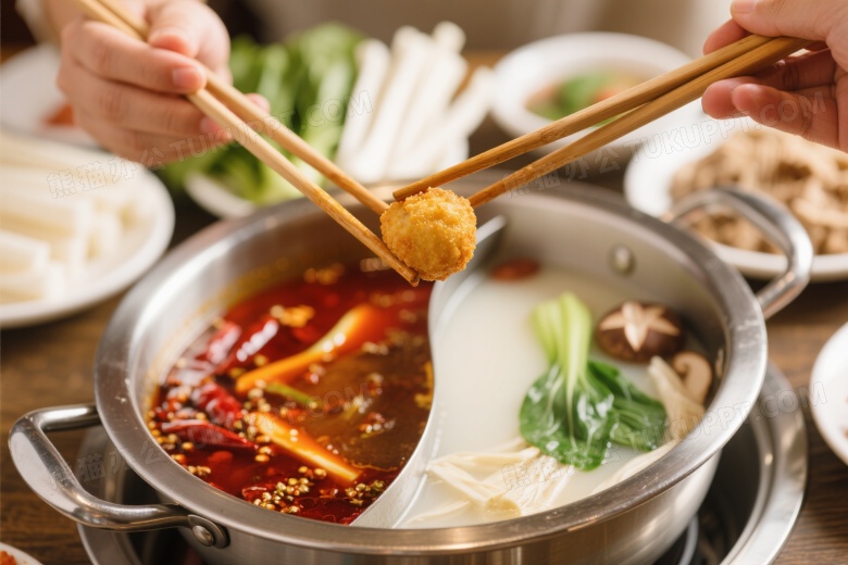 双手夹油炸丸子鸳鸯火锅特写图片
