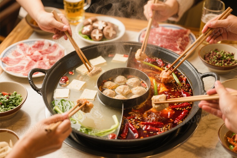 俯拍鸳鸯火锅多人夹菜图片