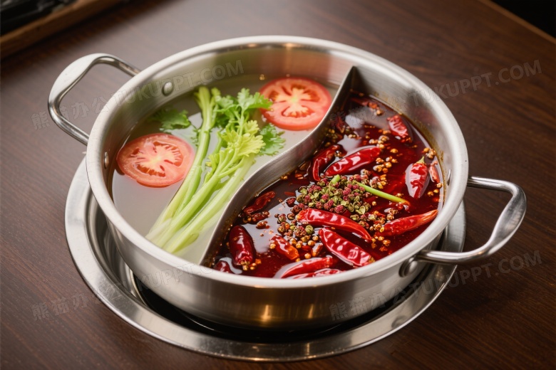 不锈钢鸳鸯火锅俯拍图片