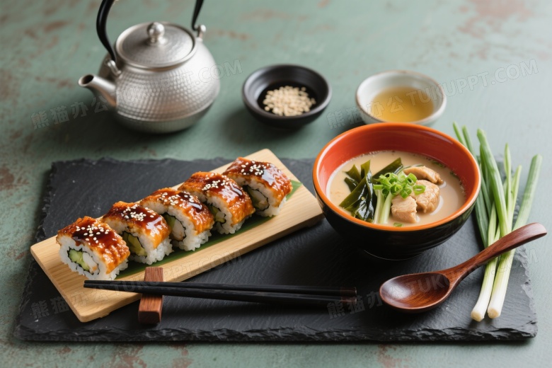 日式料理石板餐盘俯拍图片