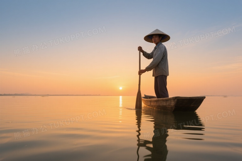 渔夫小船划水夕阳逆光图片