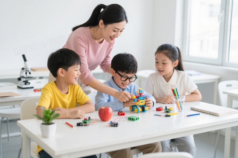 女教师与儿童组装机器人教具图片