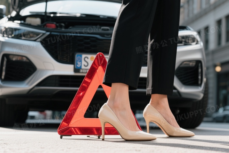 女性双腿街边站立警示牌图片