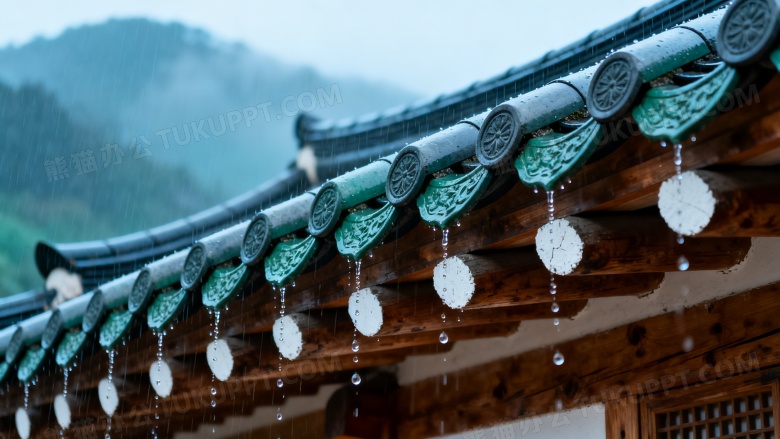 东亚瓦屋顶雨滴特写图片