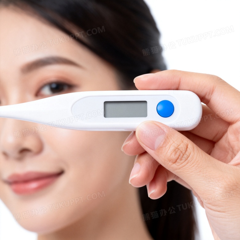 亚洲女性手持体温计特写图片