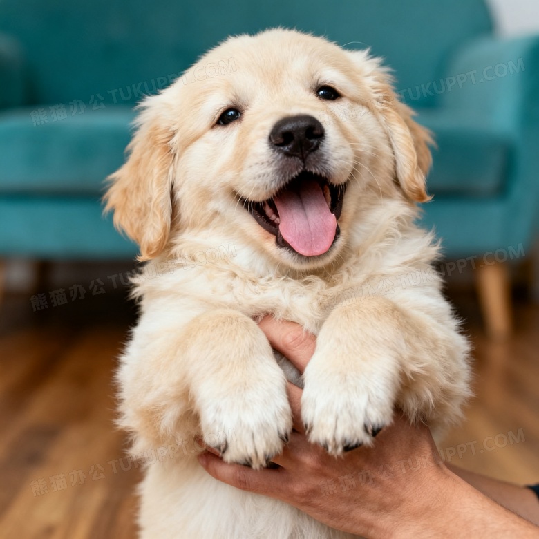 金毛幼犬被托举微笑特写图片