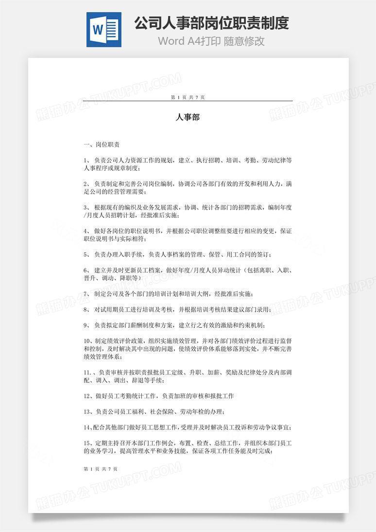 公司人事部岗位职责制度Word文档