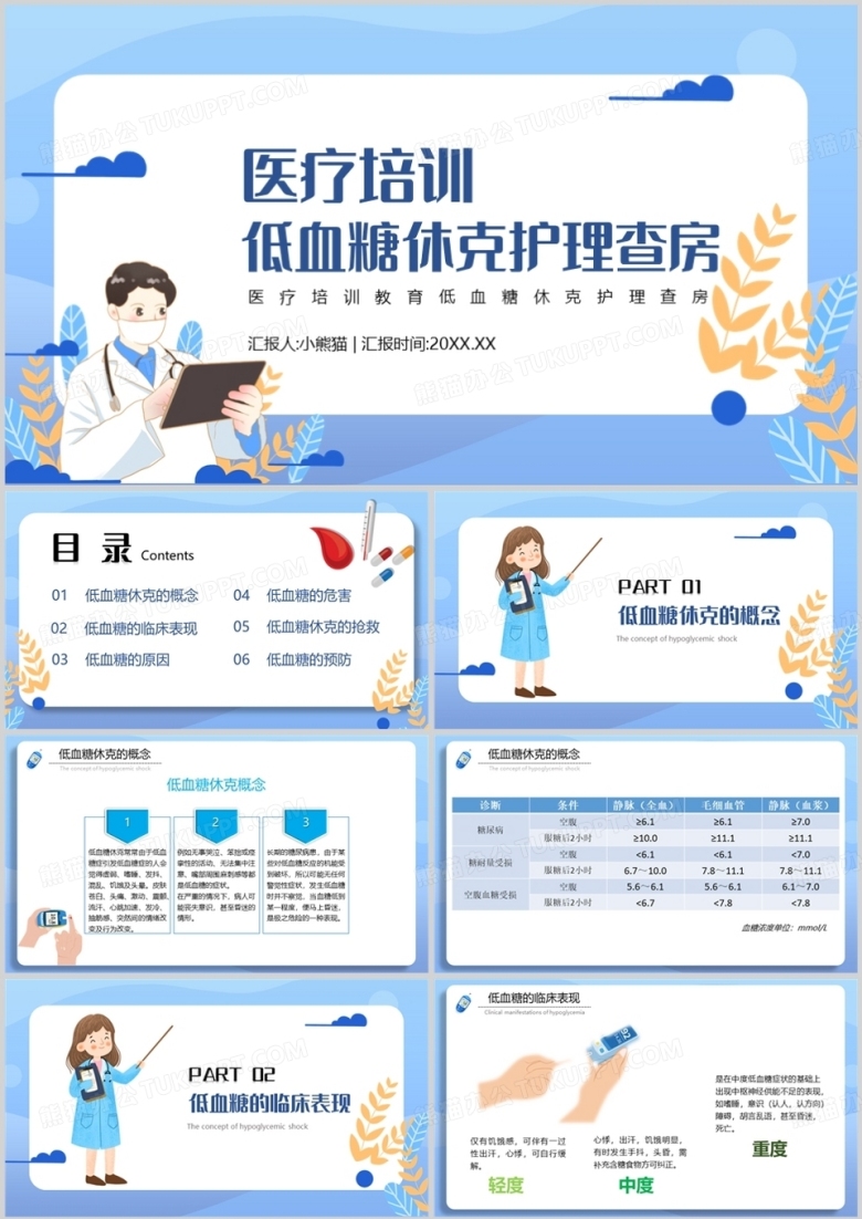 蓝色低血糖休克护理查房医疗培训PPT模板