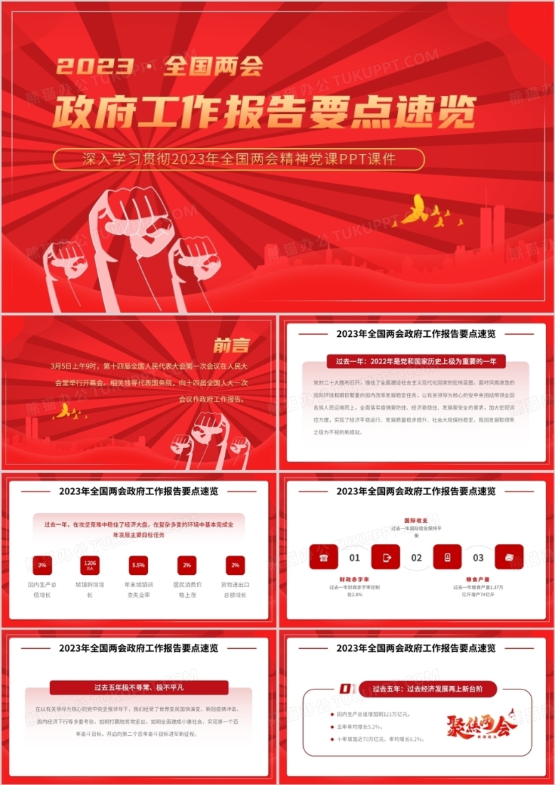 红色简约风两会报告速览PPT模板