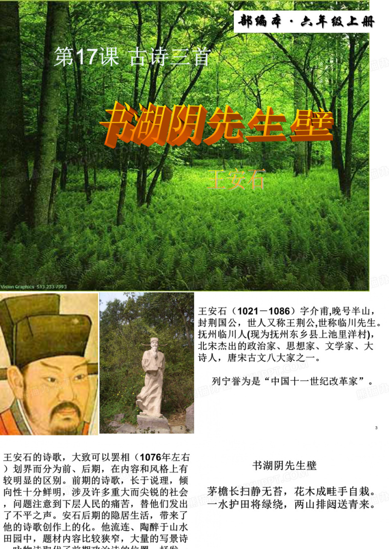2019年部编版小学六年级语文上册第17课《古诗三首 书湖阴先生壁》讲课PPT公开课课件