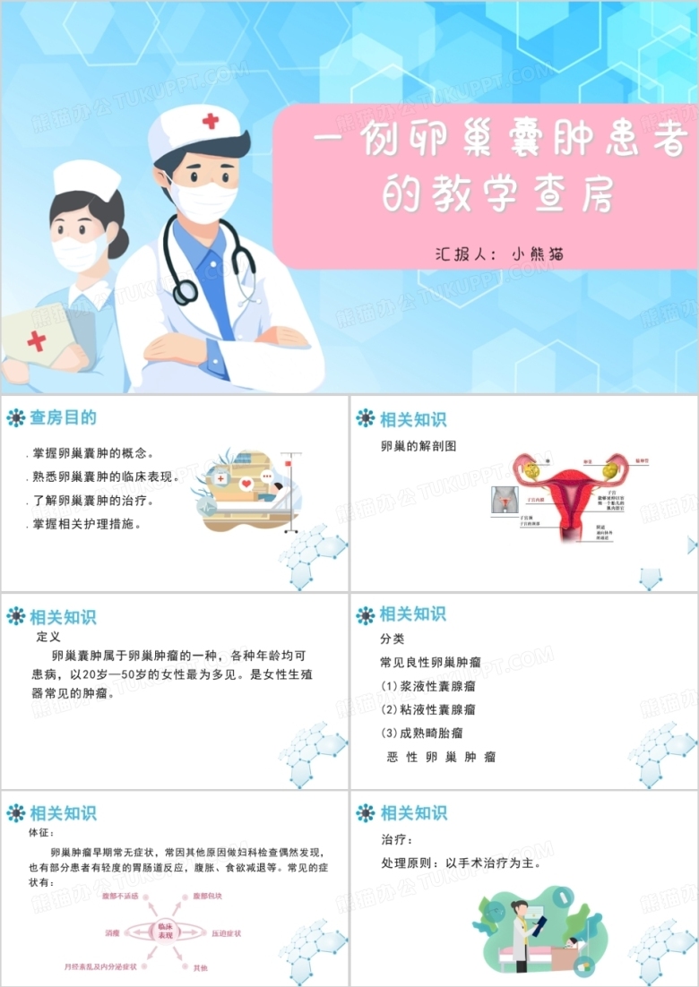 蓝色静态卵巢囊肿查房教学PPT模板
