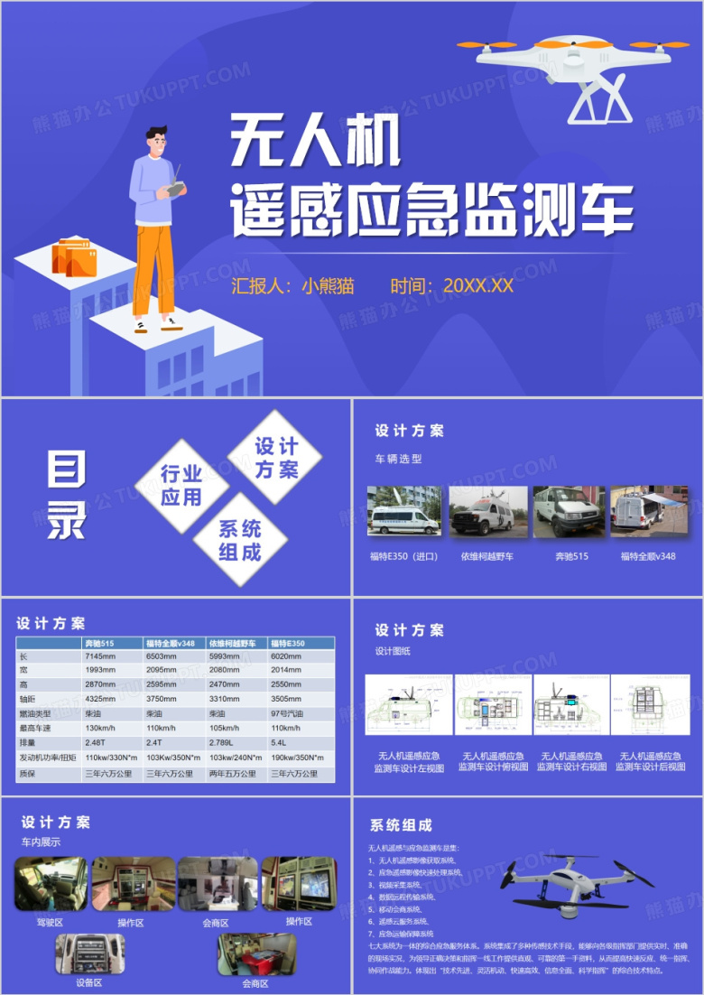 蓝色无人机应急监测车介绍PPT模板