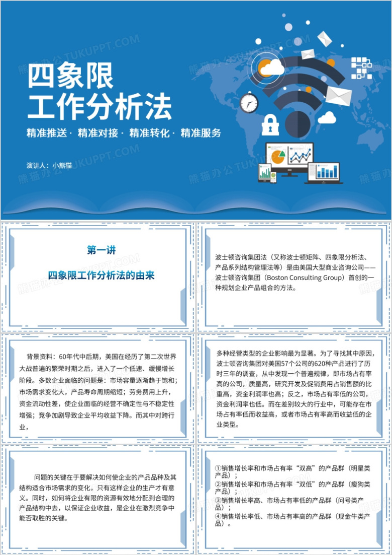 蓝色简约四象限工作分析法PPT模板